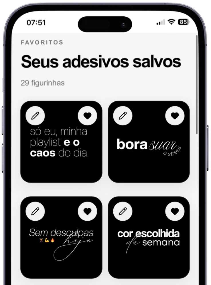 Tela Favoritos, com adesivos salvos